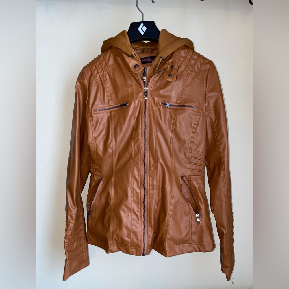 YIBAILIAN Faux Leather Jacket With Removable Hoodie- Medium